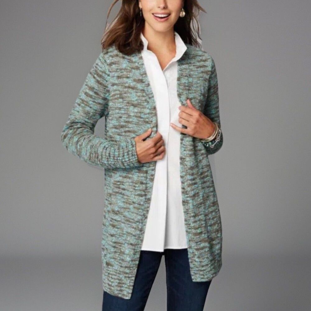 J. Jill Slub-Textured Space-Dyed Cardigan Size L Petite Dusty Olive Multicolor